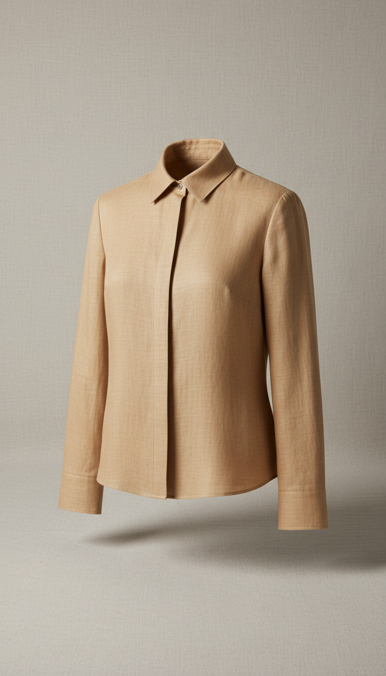 Warm Sand tailored blouse, Default to 3/4 angle on garments worn by model against a seamless linen backdrop in 'Soft...