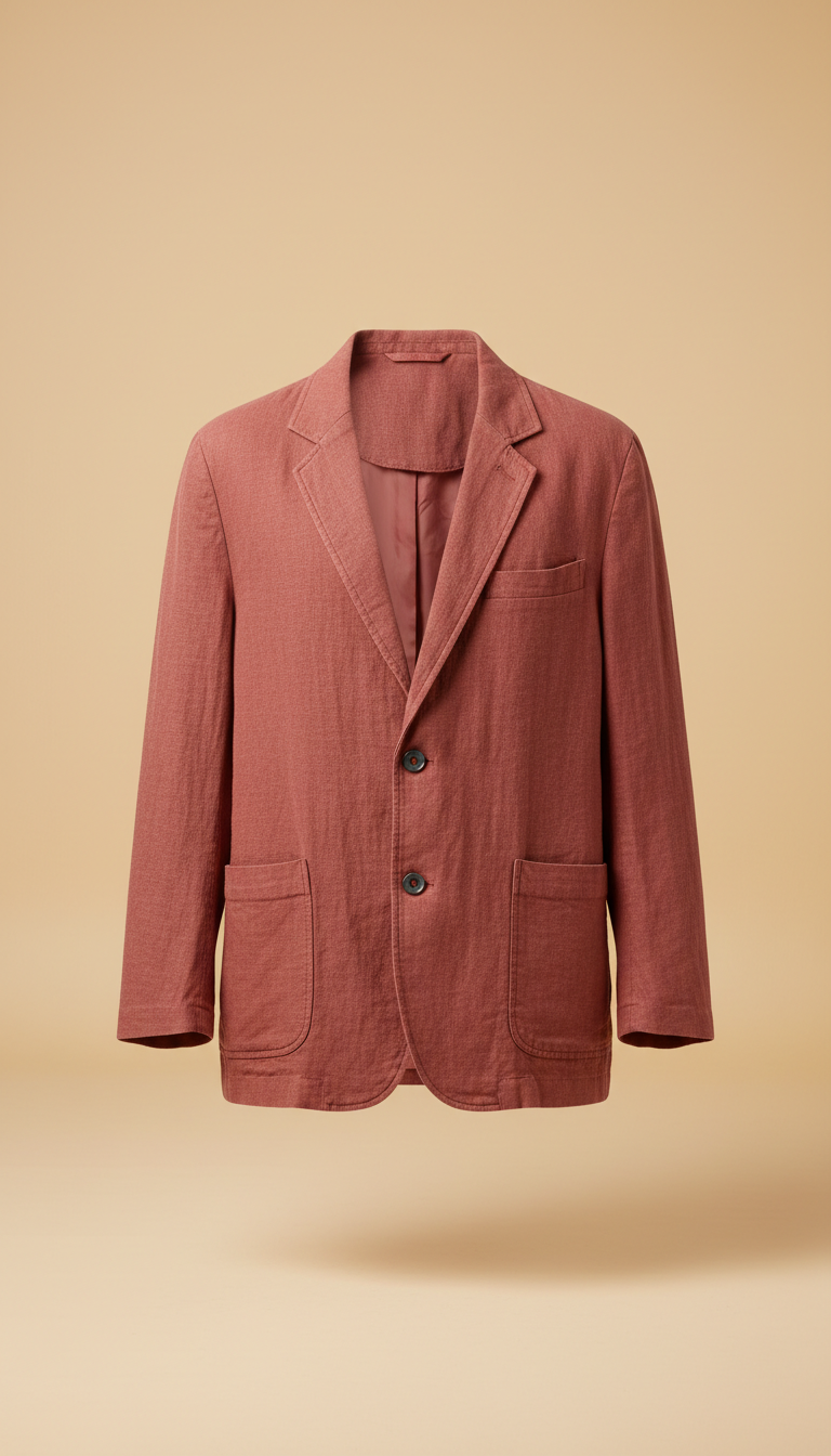 Brick Red unstructured blazer, Default: 3/4 angle product shots on smooth neutral backdrops (Cloud or Sandstone), ensuring...