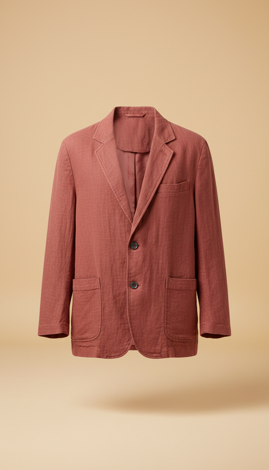 Brick Red unstructured blazer, Default: 3/4 angle product shots on smooth neutral backdrops (Cloud or Sandstone), ensuring...