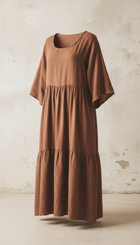 A clay cotton dress photographed at a 3/4 angle on a neutral, textural background. The dress is perfectly centered in the...