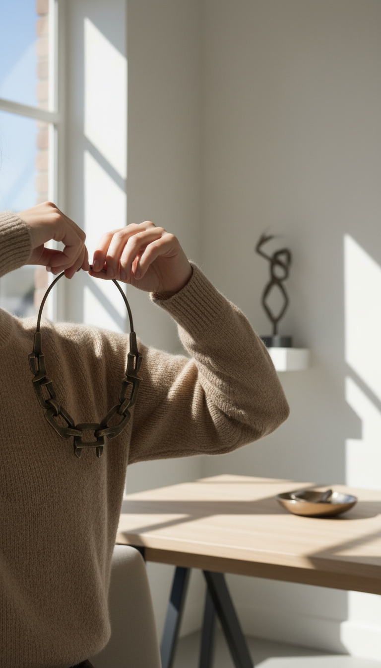 Sculptural Bronze Taupe Statement Necklace in use