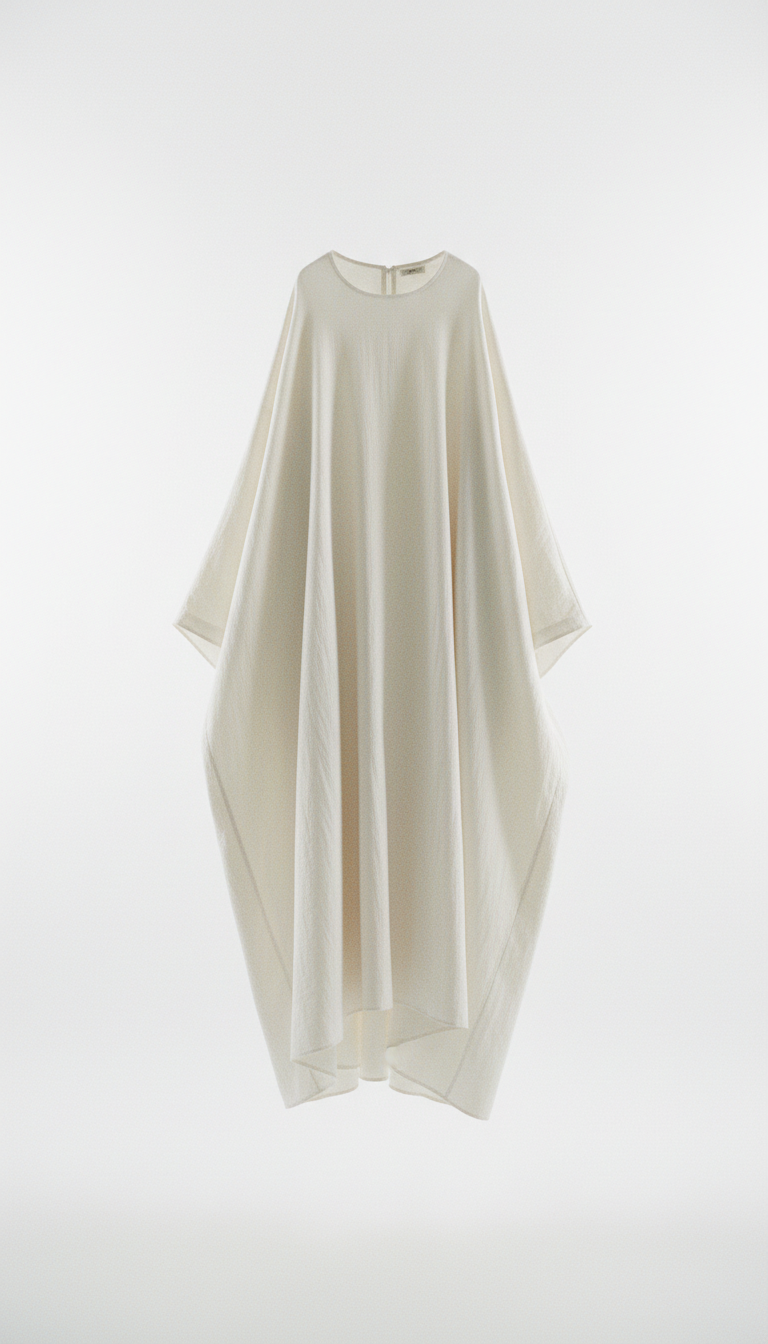 An oversized cotton dress from Modern Simplicity, with soft, shadowless illumination. The image maintains a modern and...