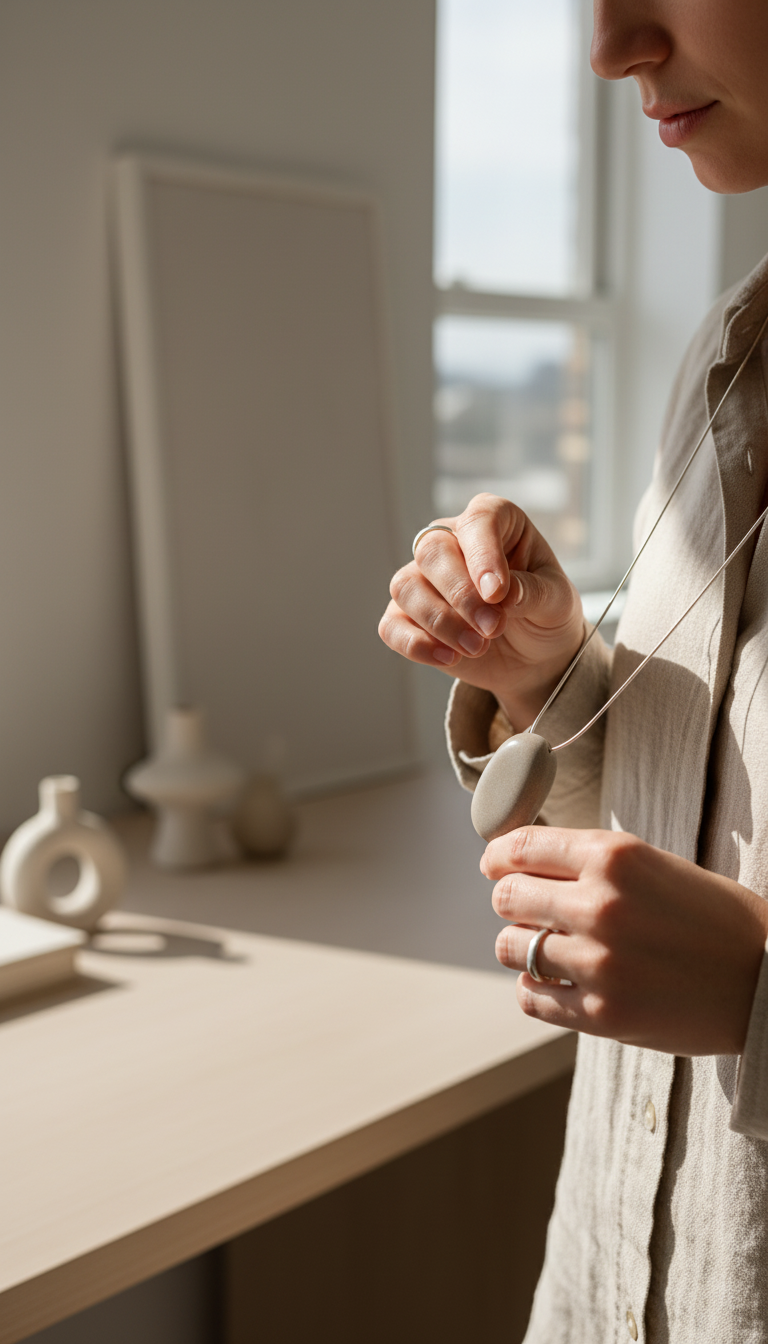 Ethically sourced stone pendant necklace in use