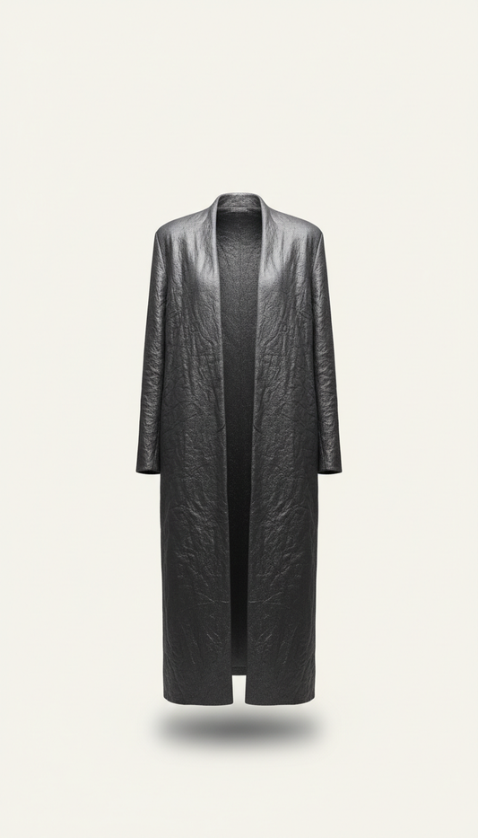 Minimalist pewter long overcoat, Hero product angle is clean 3/4 front at chest-to-waist height—captures silhouette and...