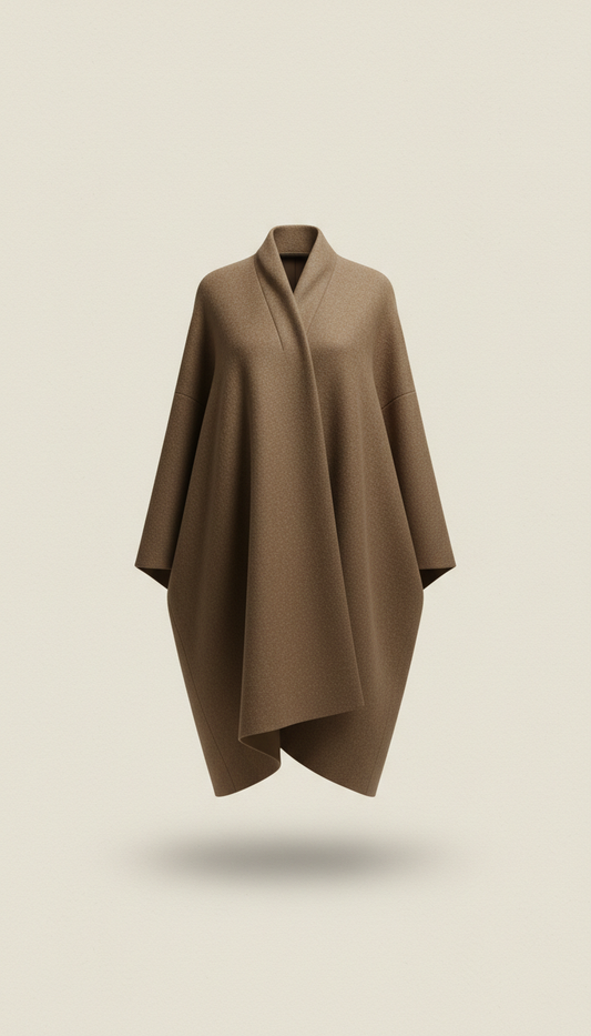 Architectural wool coat in ‘Bronze Stitch’, Default product angle: elevated 3/4 view on tabletop or draped over chair...