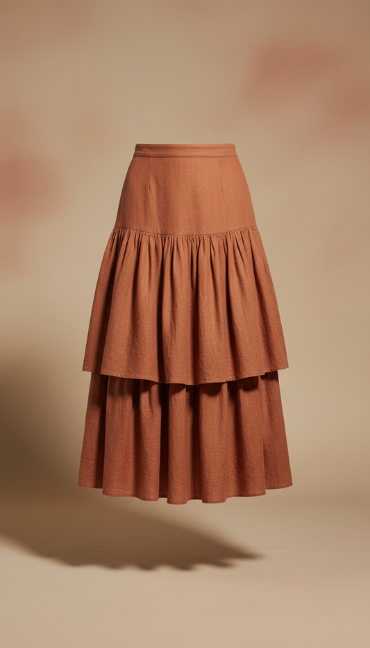 A terracotta layered skirt, made from high-quality material, even, shadowless lighting that enhances its texture and...