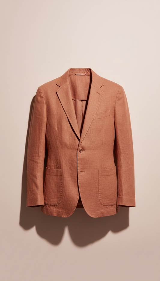 A straight-on portrait shot of a terracotta linen jacket from the Streetwise Elegance collection. The jacket is perfectly...