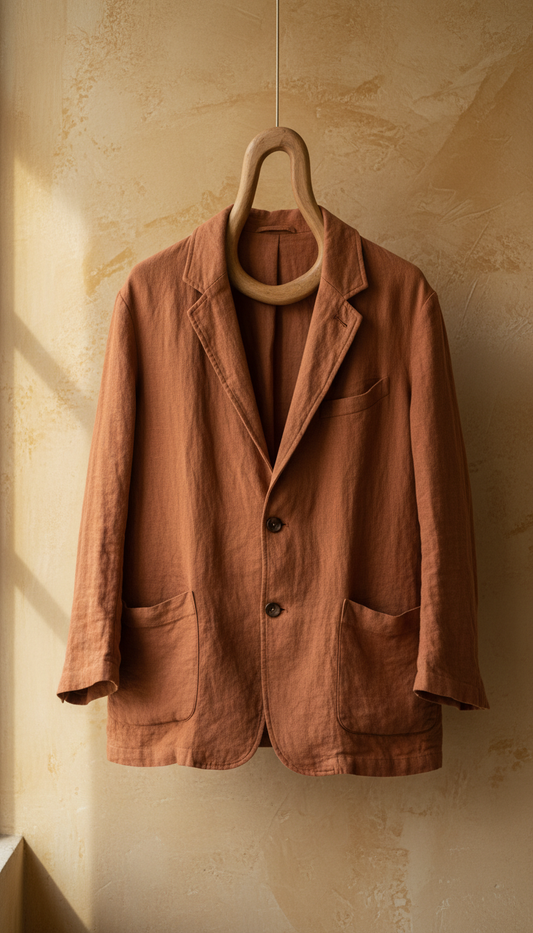 A sienna dyed jacket perfectly centered in the frame, displayed against a warm, textured background. The soft, showcasing...