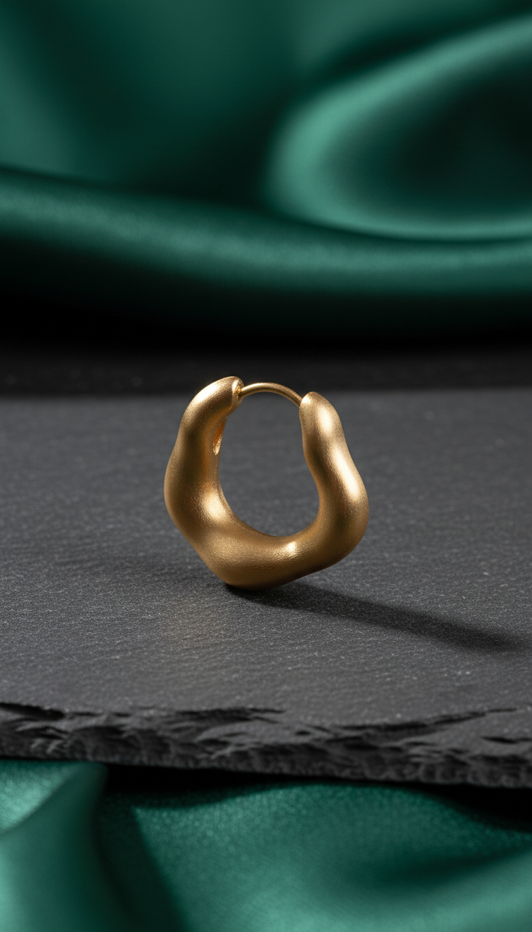 Brushed gold sculptural hoop earrings in a new setting