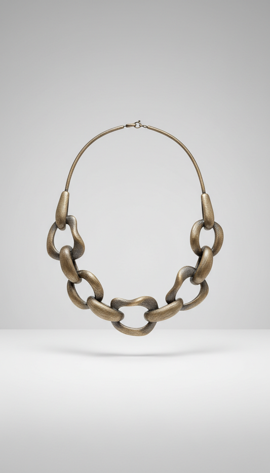 Brushed bronze sculptural necklace, Shoot each product at a 3/4 angle on a clean Porcelain White or Soft Stone surface for...
