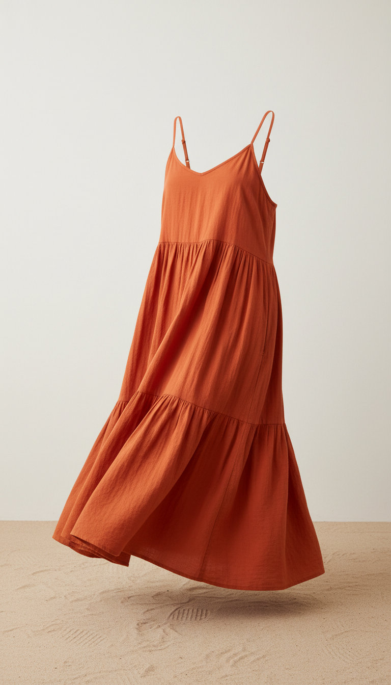Photograph an Orange Red cotton sundress, perfectly centered on a clear background with a minimal sandy texture. The dress...
