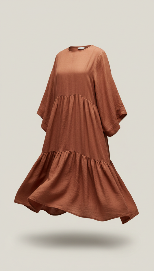 Terracotta dress, Choose a three-quarter angle for product shots, capturing the drape and flow of the dresses. Use a...