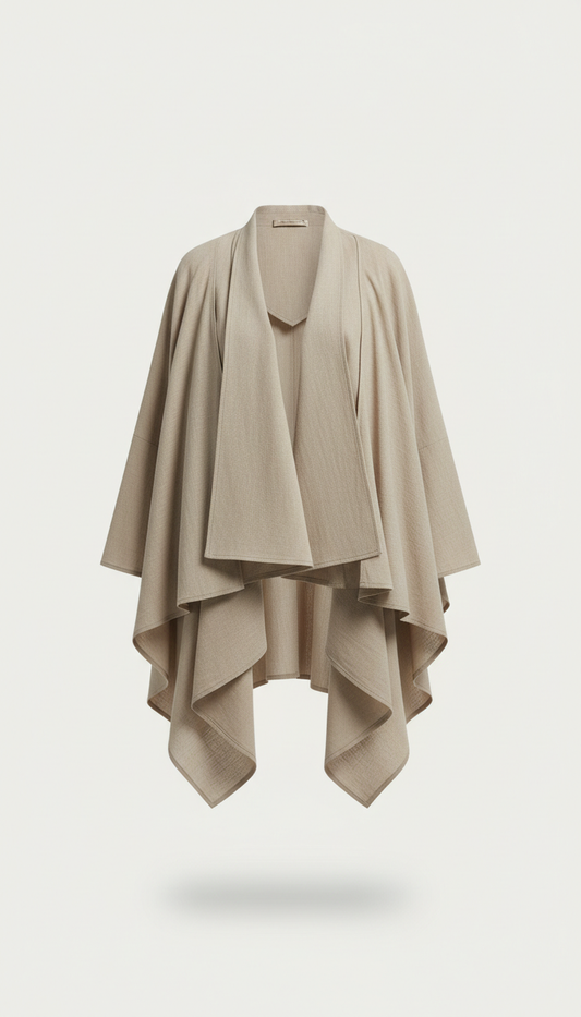 A Soft Beige layered jacket perfectly centered against a clean, even, shadowless lighting to highlight its unique flow and...