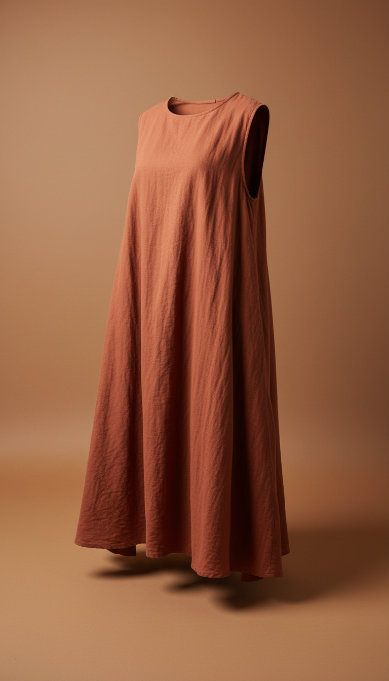 A terracotta cotton dress perfectly centered on a neutral clay background. The dress is displayed with a 3/4 angle to...