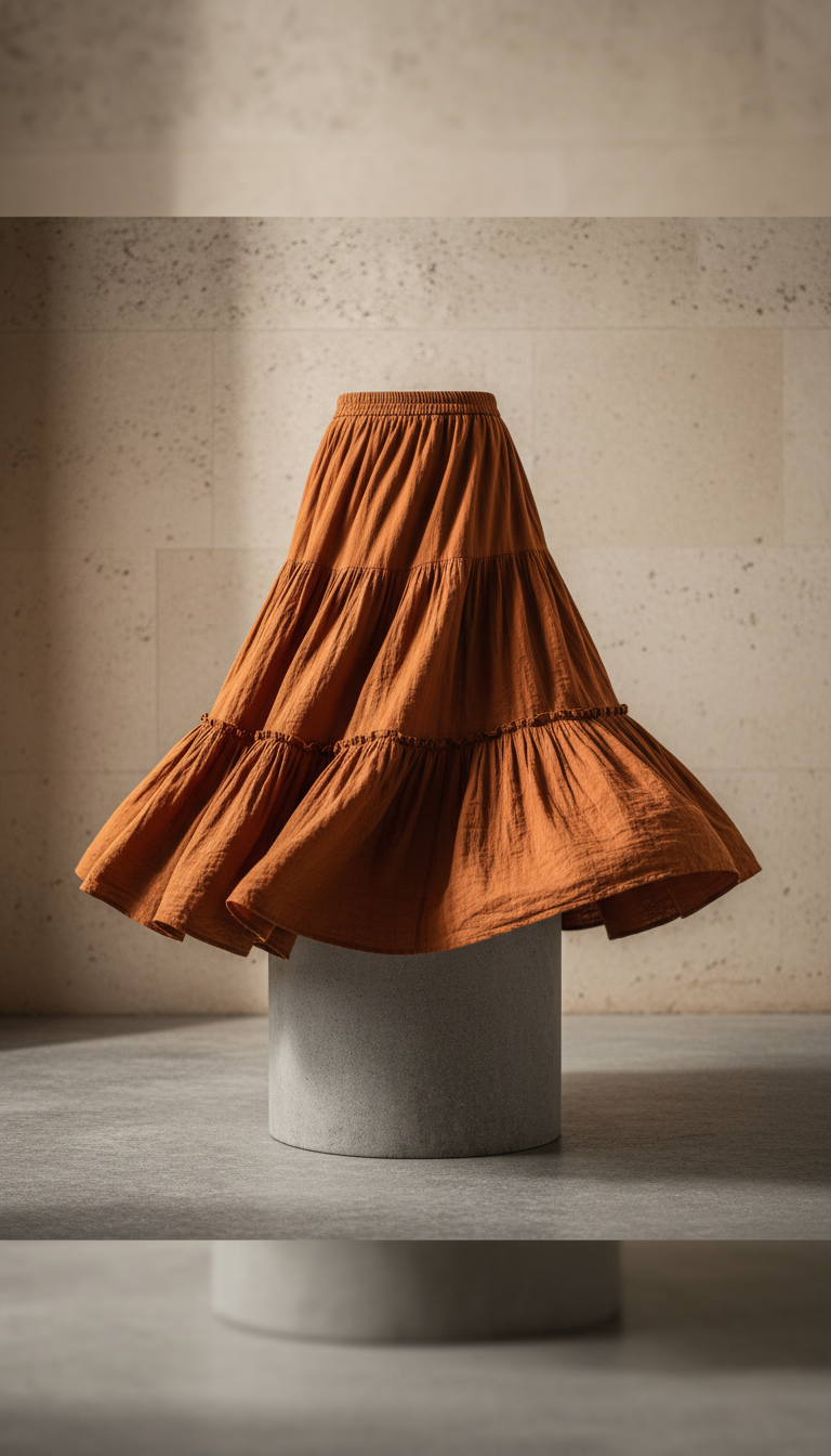 A Rust Orange bohemian skirt is displayed on a clean stone surface, perfectly centered and framed. The skirt's texture and...