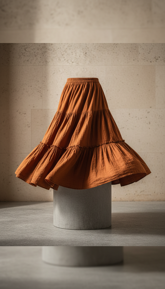 A Rust Orange bohemian skirt is displayed on a clean stone surface, perfectly centered and framed. The skirt's texture and...