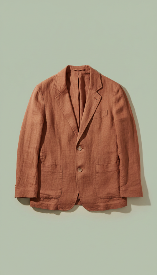 Terracotta linen blazer, Hero angle is straight-on or slight 3/4 for dimensionality; product centered on matte neutral...