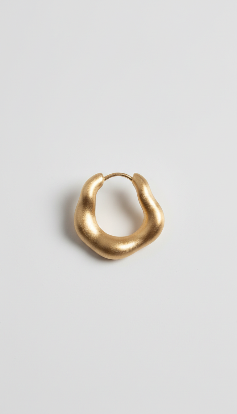 Brushed gold sculptural hoop earrings, Default angle: macro 3/4 view focusing on key textural features of each piece;...