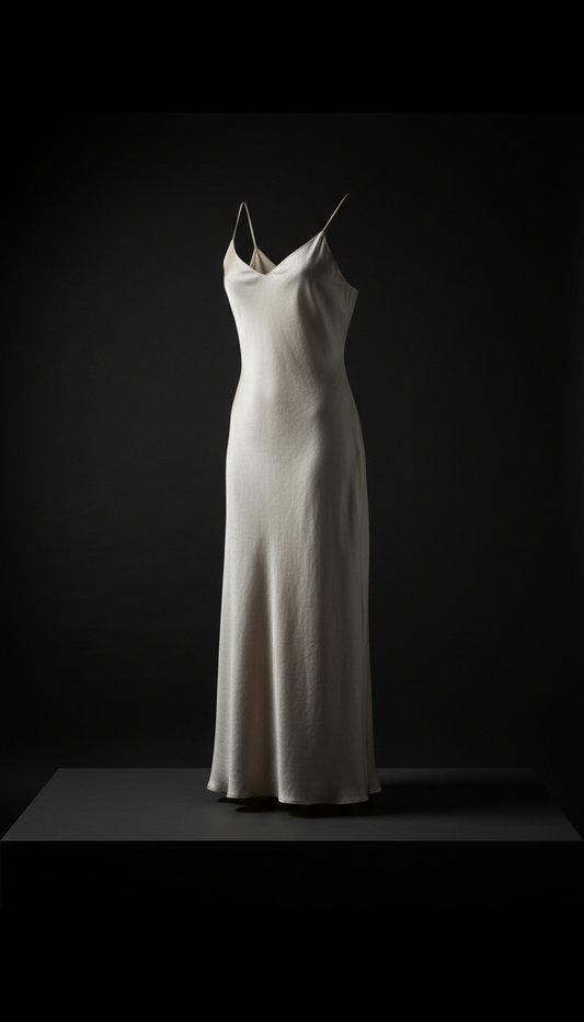 Minimalist silk slip dress in pale linen, Shoot products at a 3/4 angle resembling a portrait: this shows silhouette, cut,...