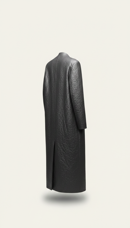 Alternate angle view of Minimalist pewter long overcoat