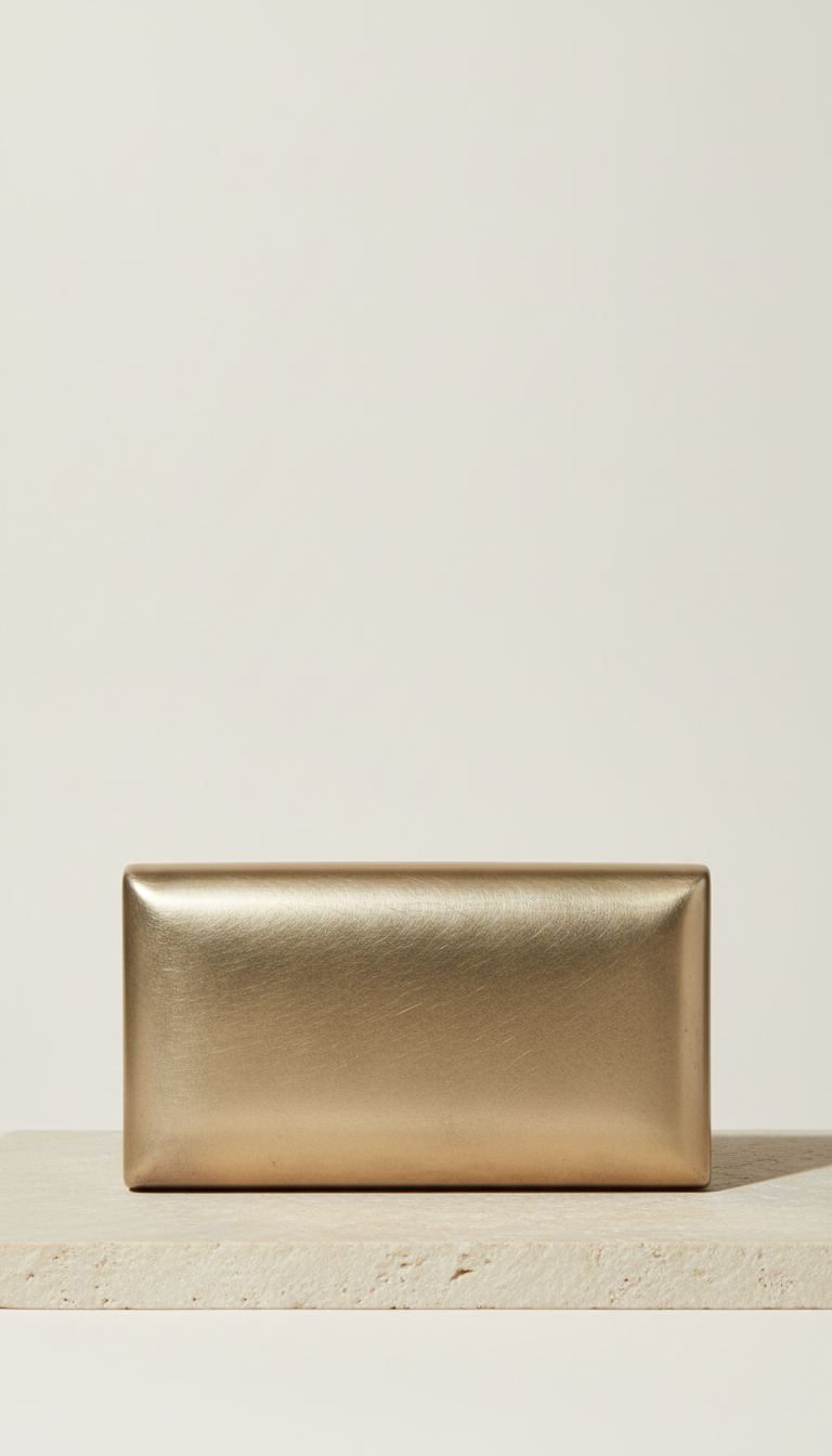 Brushed antique gold clutch bag, Default angle: 3/4 view for jewellery and accessories to articulate sculptural form and...