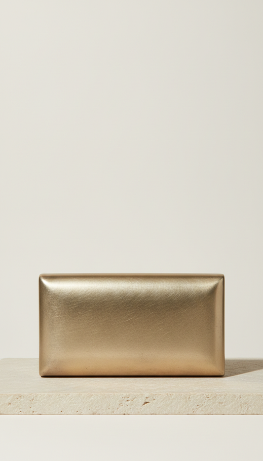 Brushed antique gold clutch bag, Default angle: 3/4 view for jewellery and accessories to articulate sculptural form and...