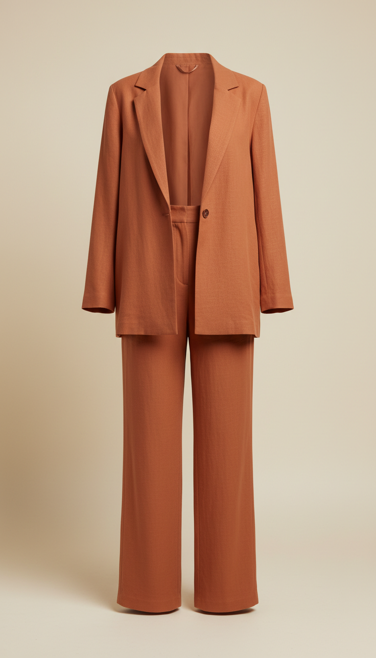 Terracotta Rooftop summer suiting set, perfectly centered horizontally and vertically with equal negative space above and...