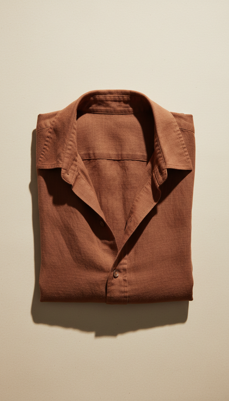 A Sienna linen shirt, emphasizing the natural texture and minimalist design. The color grading is warm and slightly...