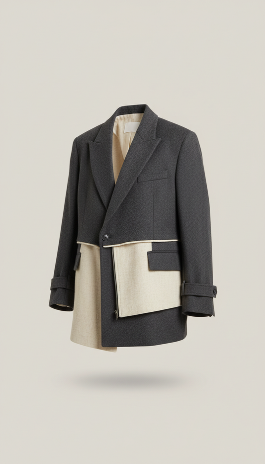 Photograph a versatile layered blazer designed for adaptable styling. Capture the blazer in a straightforward 3/4 angle to...