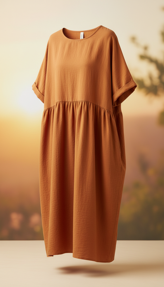 A Sunset Orange cotton dress from the Casual Cool collection, perfectly centered in the frame. The dress is captured at a...