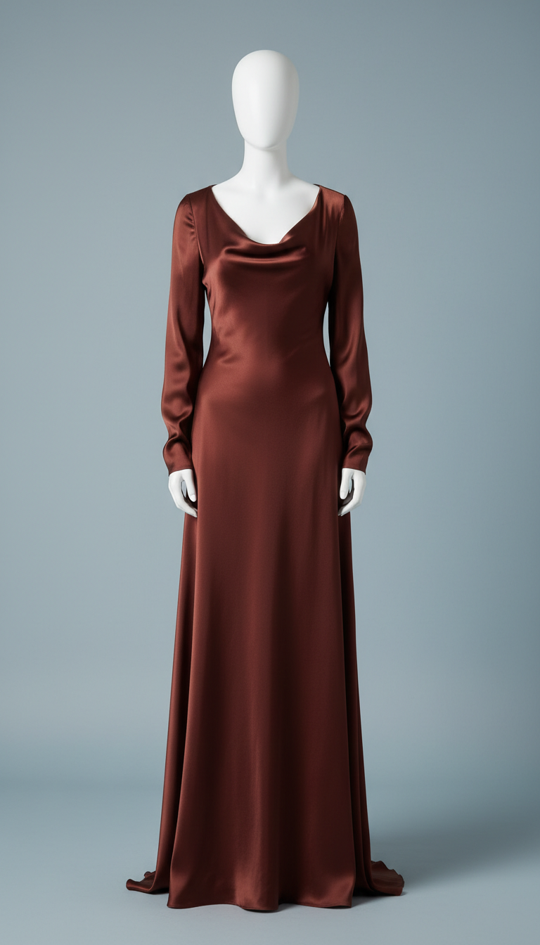 A silk full-length gown in 'Rosewood', elegantly displayed on a mannequin against a neutral 'Moonlight Mist' background....