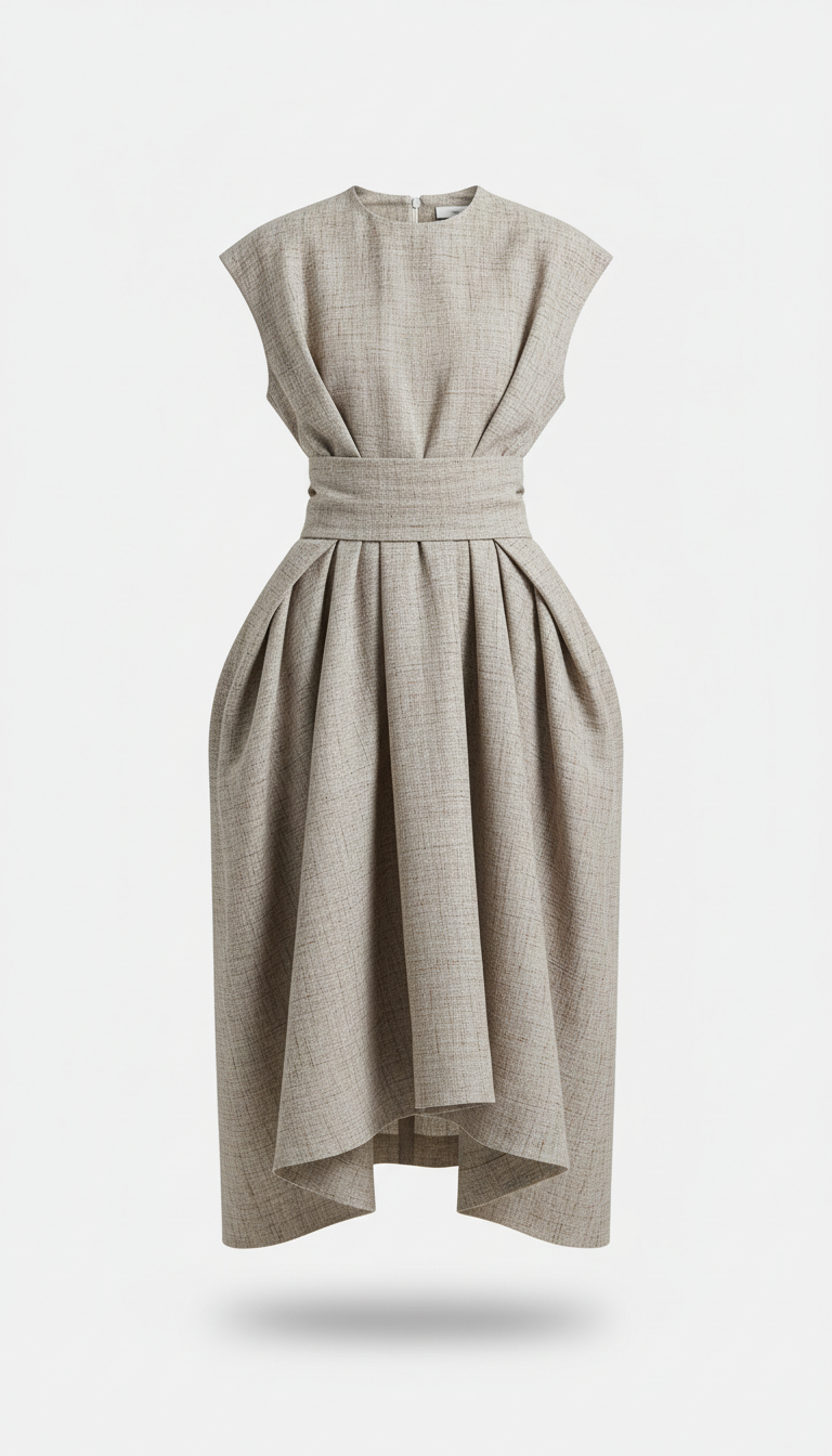 Sculptural Linen Midi Dress, Default angle is elevated 3/4 view that captures the garment's drape across a tactile...