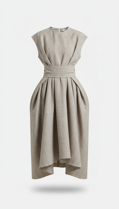 Sculptural Linen Midi Dress, Default angle is elevated 3/4 view that captures the garment's drape across a tactile...