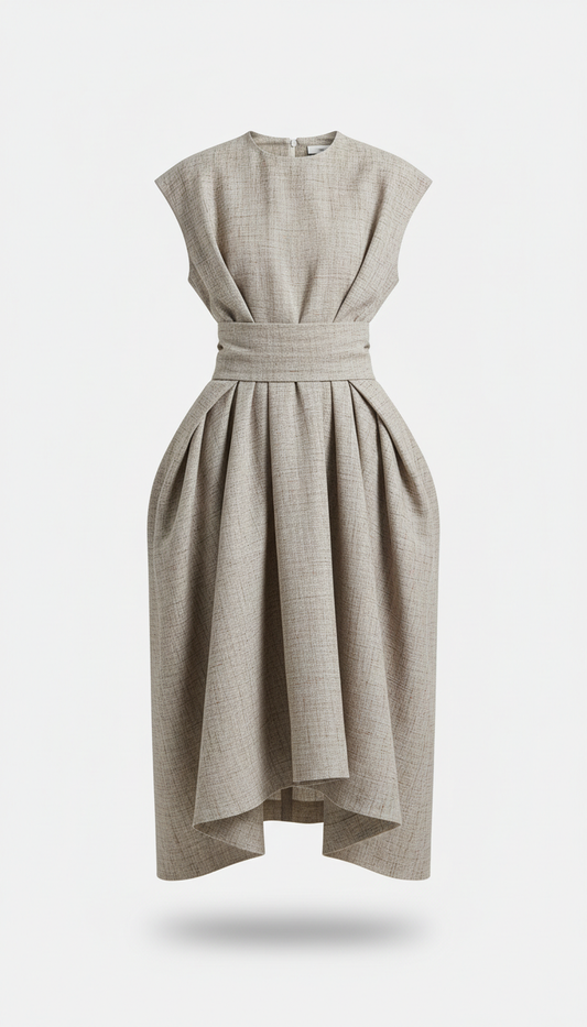 Sculptural Linen Midi Dress, Default angle is elevated 3/4 view that captures the garment's drape across a tactile...