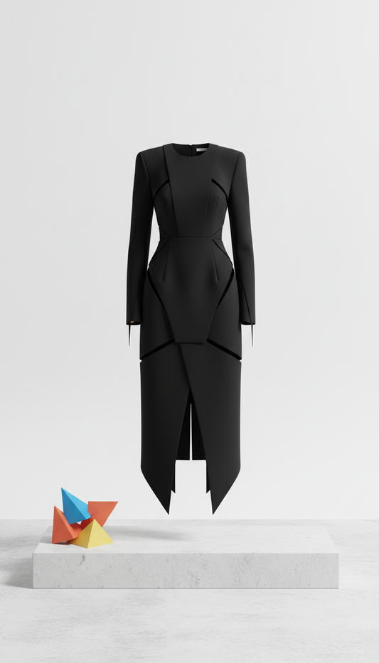 Matte Black geometric midi dress, Three-quarter angle as default—captures garment structure and silhouette while providing...