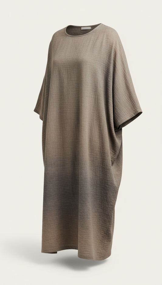 Women's Relaxed Cotton Dress, use a 3/4 angle to showcase the garment's fit and texture. The background should be a...