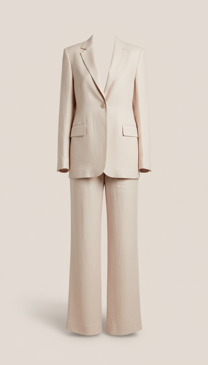 Tailored linen co-ord set in blush cream, Default product shots use a clean 3/4 angle at chest or table height with...