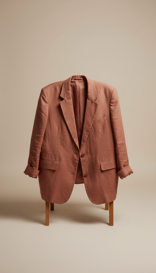 Relaxed Terracotta Rose blazer, Default to 3/4 angle on product shots—garments shown on model in a relaxed stance...