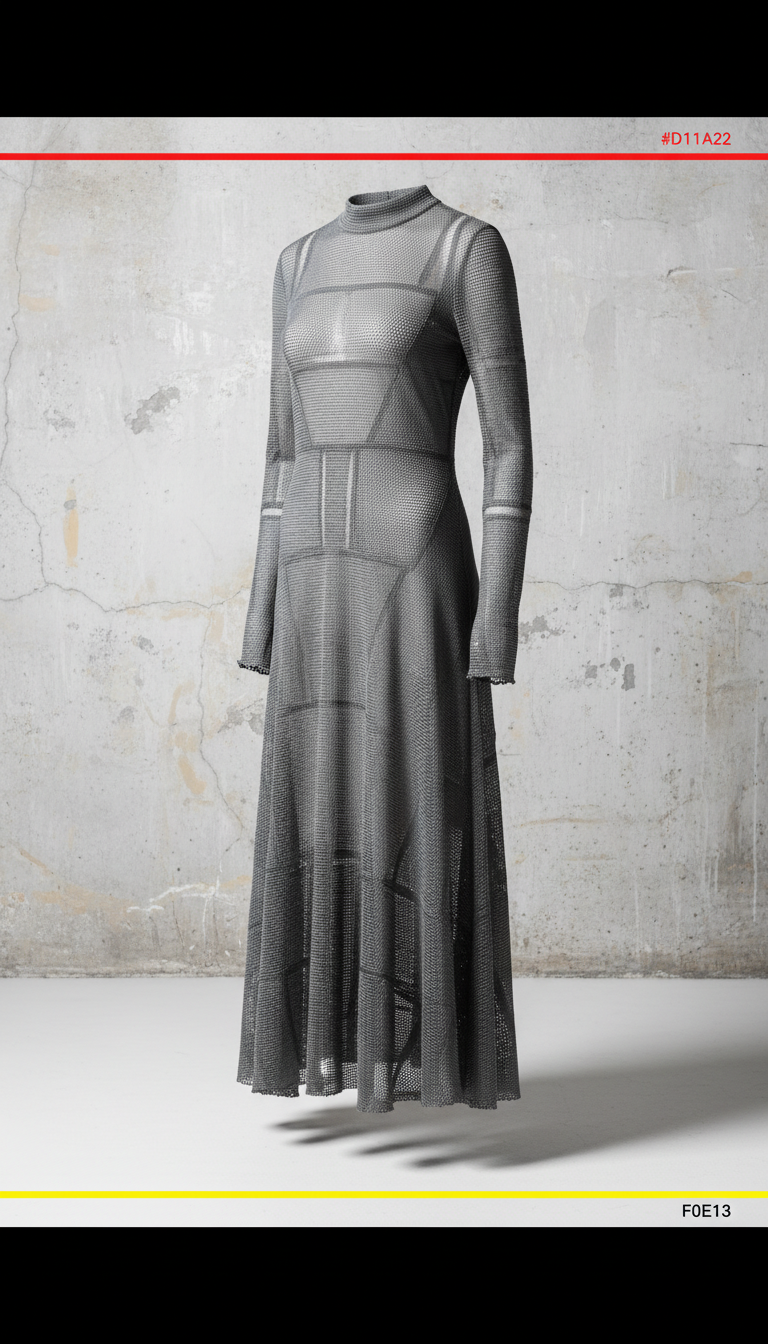 Concrete Grey mesh dress, use a straight-on angle with a 3/4 view to showcase the dress's structure and mesh details. The...