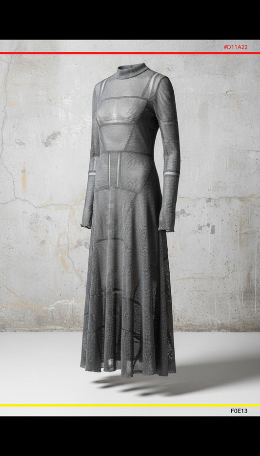 Concrete Grey mesh dress, use a straight-on angle with a 3/4 view to showcase the dress's structure and mesh details. The...
